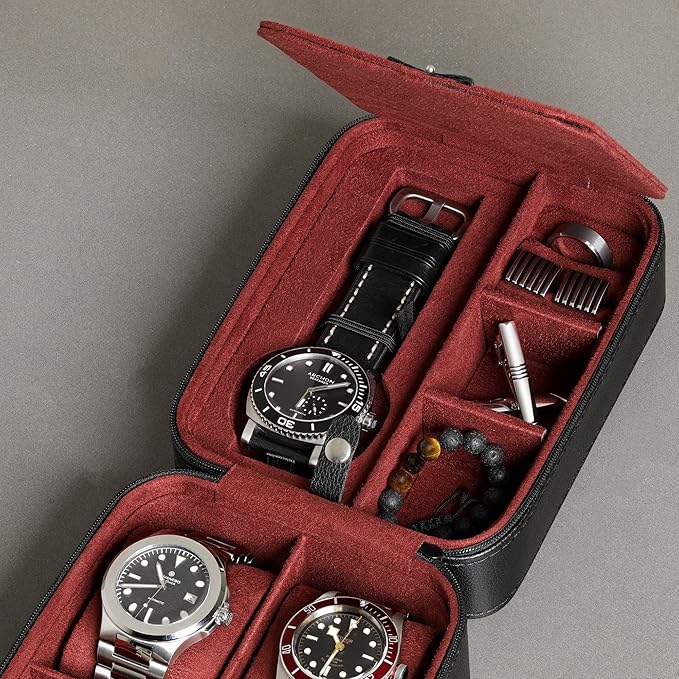 ROTHWELL 5 Watch Travel Case Storage Organizer for 5 Watches | Tough Portable Protection w/Zipper Fits All Wristwatches & Smart Watches Up to 50mm (Black/Red)