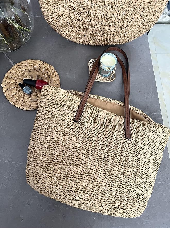 YXILEE Straw Bags For Women | M Size Travel Straw Totes Bag Woven Summer Handmade Shoulder Bag Handbag