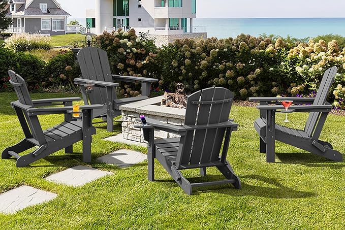 SERWALL Foldable Adirondack Chair Set of 4, HDPE Adirondack Chair with Wood-Texture-Gray