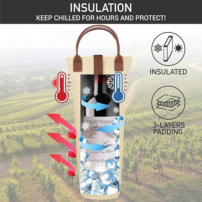 opux Wine Bag Single Bottle Carrier Tote, Insulated Travel Wine Cooler Bag for Picnic Beach Gift, Thermal Padded Portable One Bottle Holder Carrying Case for Women Men Wine Lovers, Cream Beige