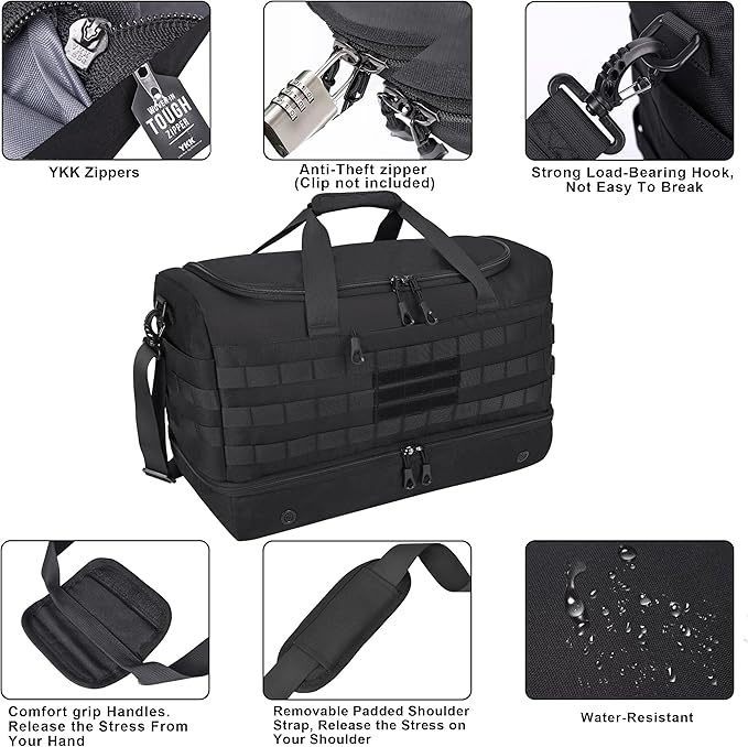 MOZETO Mens Travel Duffel Bag with Compartments, Tactical Inspired GYM Work Police Duty Law Enforcement Carry-on Bag with YKK Zippers Anti-Theft RFID Blocking Wet-Dry Separated Compartment