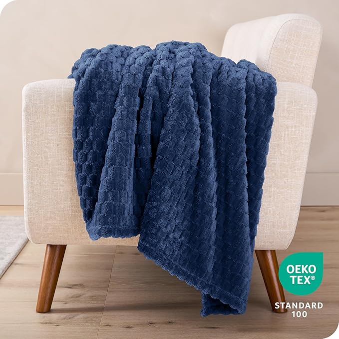 Bare Home Textured Fleece Blanket - King Size - Ultra-Soft Lightweight for Bed, Sofa, and Couch - Luxury Microplush - Cozy Warm Blanket (King, Waffle Dark Blue)