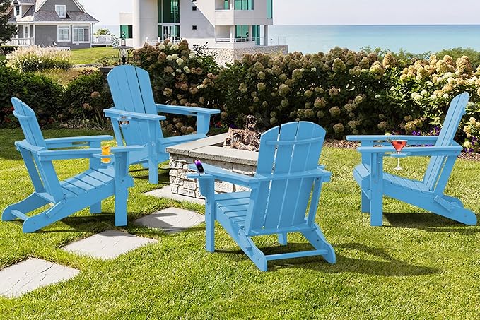 SERWALL Adirondack Chair with Cup Holders - Composite Adirondack Chairs Set of 4 HDPE Outdoor Chairs All Weather Use- Light Blue