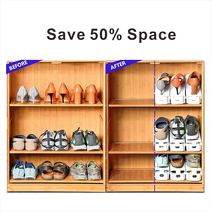 Shoe Slots Organizer, 12PCS Adjustable Double Layer Stack Shoe Rack, 50% Space-Saving Storage Rack Holder, Black