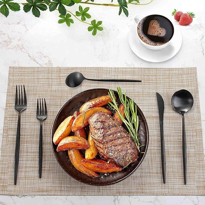Matte Black Silverware Set for 12, IBIILII JEFF 60 Pieces Stainless Steel Flatware Set，Kitchen Utensil Set, Tableware Cutlery Set, Knife Spoons And Forks Set, Satin Finished Polished & Dishwasher Safe