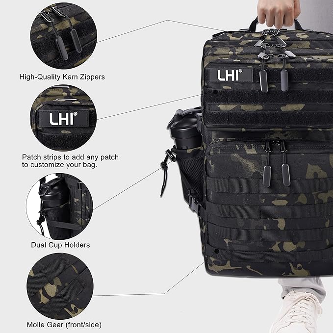 LHI Military Tactical Backpack for Men and Women 45L Army 3 Days Assault Pack Bag Large Rucksack with Shoe Compartment - Black CP