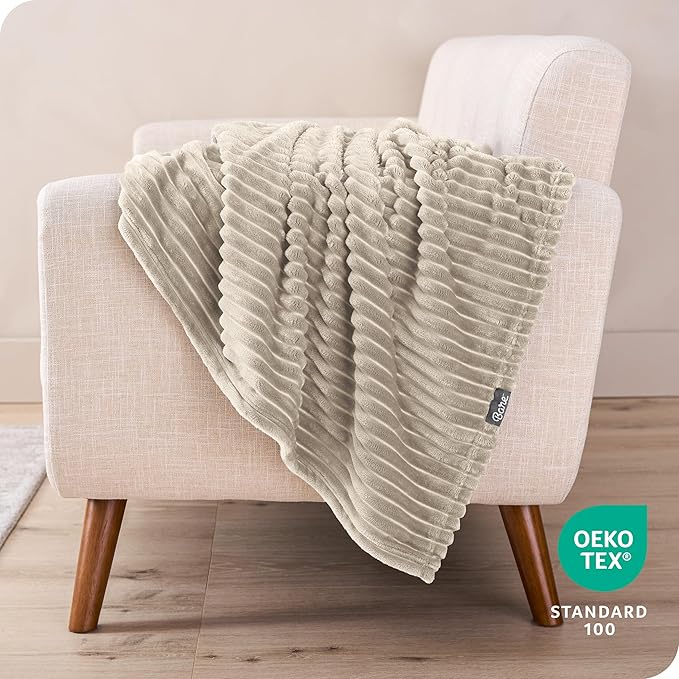 Bare Home Textured Fleece Blanket - Throw/Travel - Ultra-Soft Lightweight for Bed, Sofa, and Couch - Luxury Microplush - Cozy Warm Blanket (Throw, Ribbed Oyster)