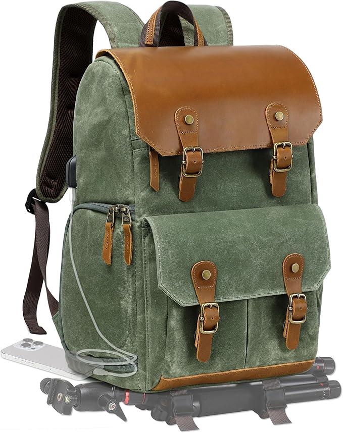 Padwa Lifestyle Green Camera Backpack - Waxed Memory Canvas Camera Bag, Multi DSLR SLR Large Camera Backpacks for Photographers with 16” Laptop & Lens Compartment and Tripod Holder & Weather Resistant