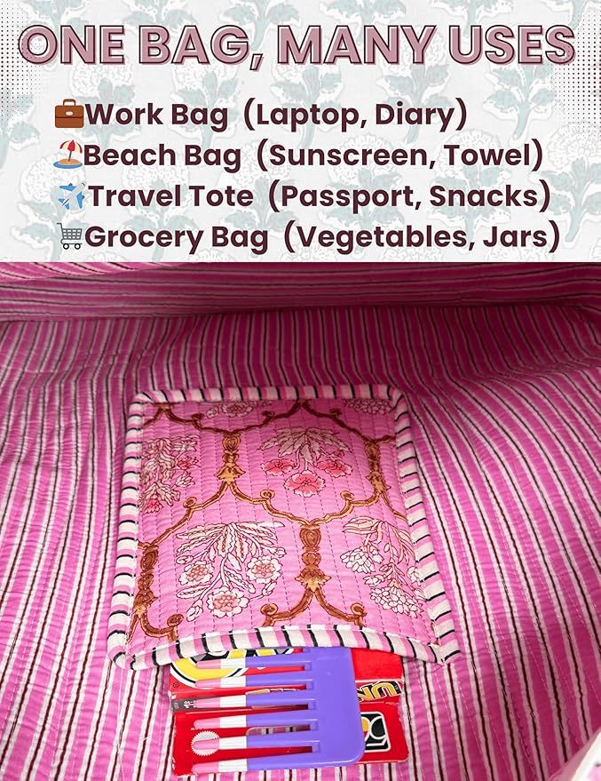 Cotton Quilted Tote Bag for Women – Large Beach & Travel Tote with Zipper, Reusable Grocery Bag
