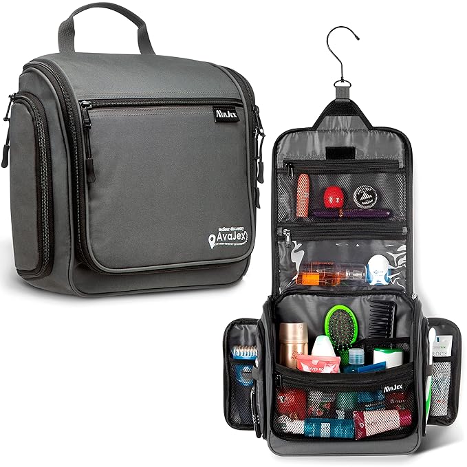 Travel Toiletry Bag for Men and Women - Large Hanging Toiletry Organizer - Waterproof Hygiene Bag with Metal XXL Swivel Hook, with Sturdy Zippers and 19 Compartments for Toiletries, Makeup, Cosmetics