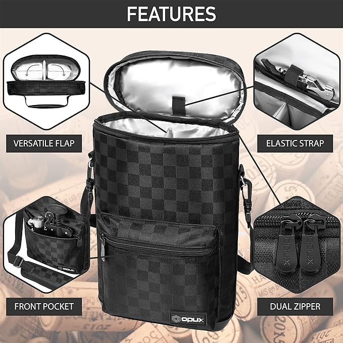 opux Wine Bag 2 Bottle Wine Tote Carrier, Insulated Wine Cooler Bag for Travel Picnic, Leakproof Portable Bottle Padded Case, Wine Gifts For Women Men Wine Lovers Christmas, Black