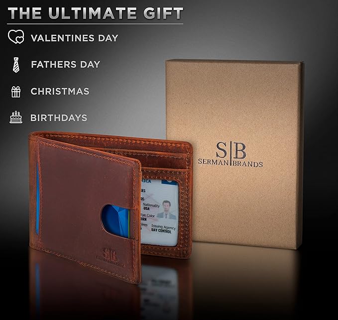 SERMAN BRANDS RFID Blocking Slim Bifold Genuine Leather Thin Minimalist Front Pocket Wallets for Men Billfold Wallet Men Gift