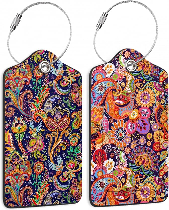 Boho Colorful Paisley 2 Pack Luggage Tag for Suitcase, Cute Unique Leather Bag Tags Identifiers Privacy Cover ID Label with Durable Steel Loop for Women Men Kids Girls Travel