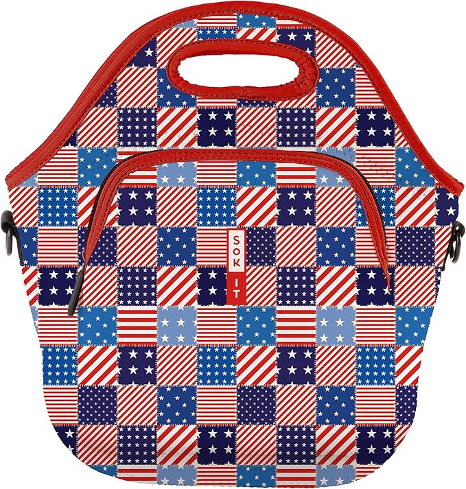 Sok It LunchTote Zippered Bag Insulated Neoprene Caddy (Patriotic Patchwork, X-Large 6.5 Quart Lunch Tote)