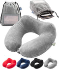 Inflatable Travel Neck Pillow: Extra-Soft, Cushion. For Airplanes, Trains, Cars, Portable Travel Accessory-With Carrying Pouch For cell phone and Passport Etc. (Grey)