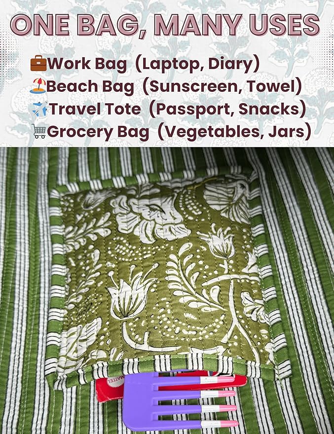 Cotton Quilted Tote Bag for Women – Large Beach & Travel Tote with Zipper, Reusable Grocery Bag