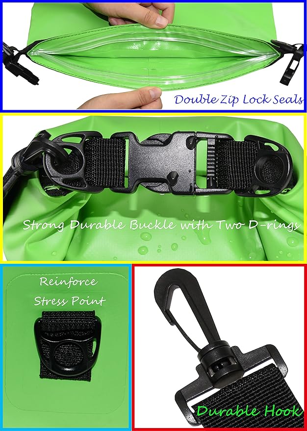 Freegrace Waterproof Dry Bags Set of 3 Dry Bag with 2 Zip Lock Seals & Detachable Shoulder Strap, Waist Pouch & Phone Case - Can Be Submerged Into Water - for Swimming (Green, 10L)