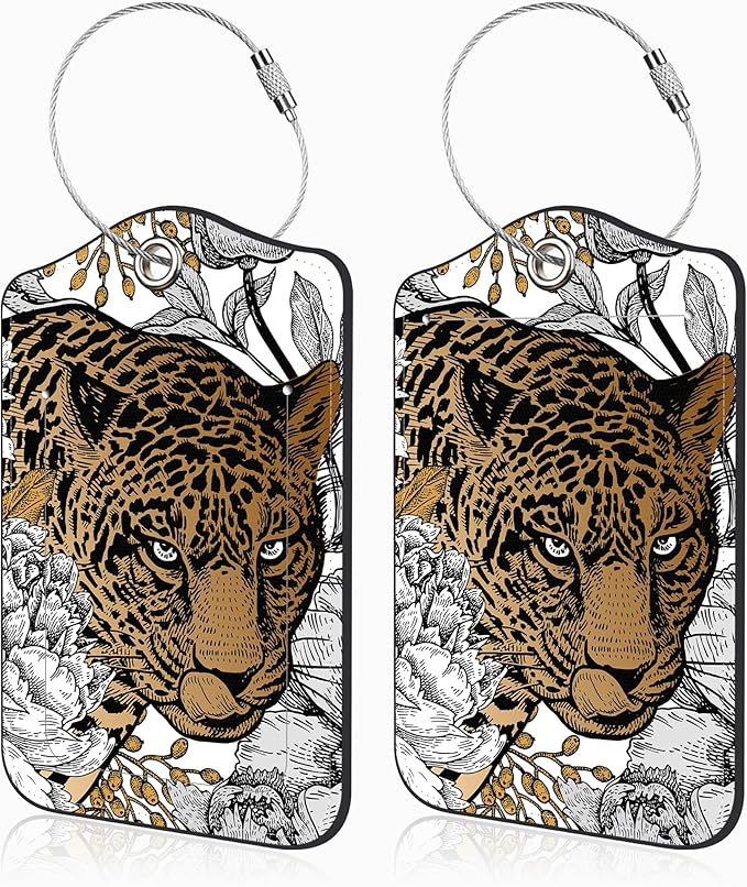 Leopard and Peony Flower Set of 2 Luggage Tags for Suitcases Leather Suitcase Tags Identifiers with Privacy Name Address Label and Stainless Steel Loop for Women Men Travel Luggage Accessories