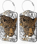 Leopard and Peony Flower Set of 2 Luggage Tags for Suitcases Leather Suitcase Tags Identifiers with Privacy Name Address Label and Stainless Steel Loop for Women Men Travel Luggage Accessories