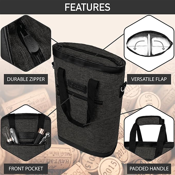 opux Two Bottle Wine Bag Carrier Tote, Insulated Leakproof 2 Bottle Wine Cooler Bag for Travel BYOB Picnic, Portable Wine Case, Gift for Men Women Wine Lover Birthday Party Christmas, Charcoal Gray