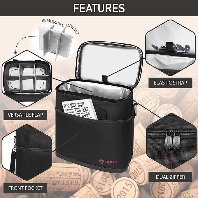 opux 6 Bottle Carrier Tote | Insulated Padded Wine Cooler Bag for Travel. Picnic, BYOB | Portable Leakproof Wine Tote Bag for Dinner, Party, Christmas, Wine Gift for Women, Men (Black)