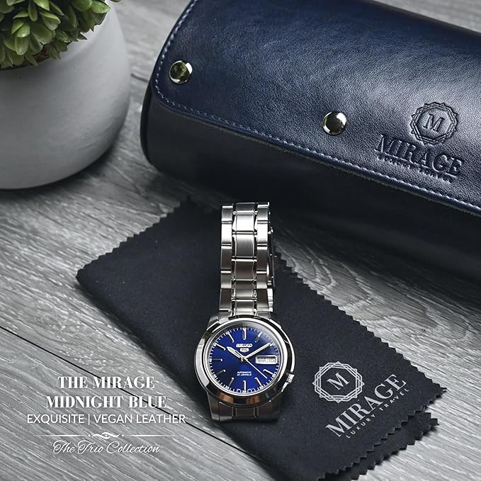 Watch Case Travel Organizer - Watch Roll Case - 3 Watch Case Display Storage - Watches Accessory Gift - Midnight Blue Vegan Leather