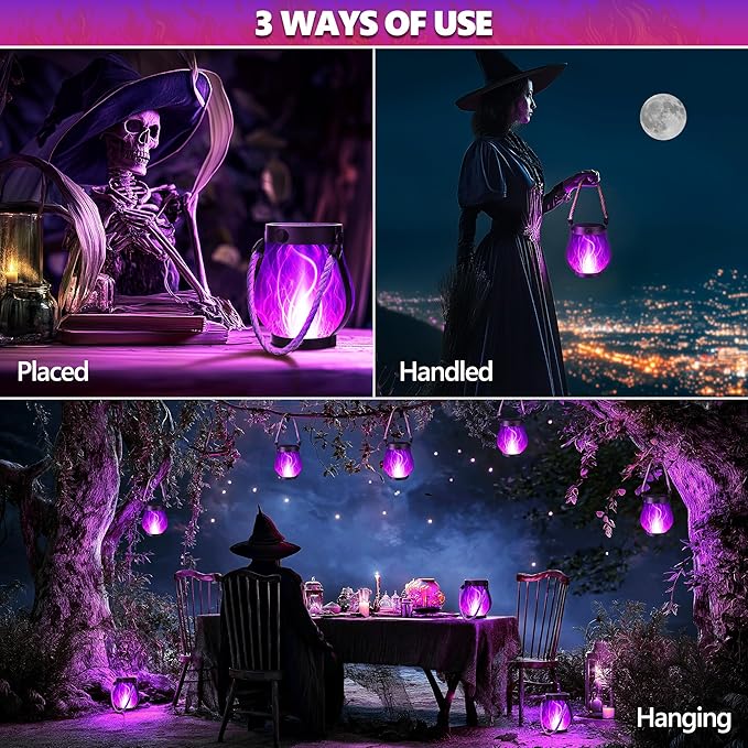 Halloween Solar Flame Lantern Hanging Outdoor Waterproof Purple - 2 Pack Flame Lanterns with Dual Charging Modes of Solar & USB for Garden or Yard Halloween Decorations (Purple - 2 Pack)