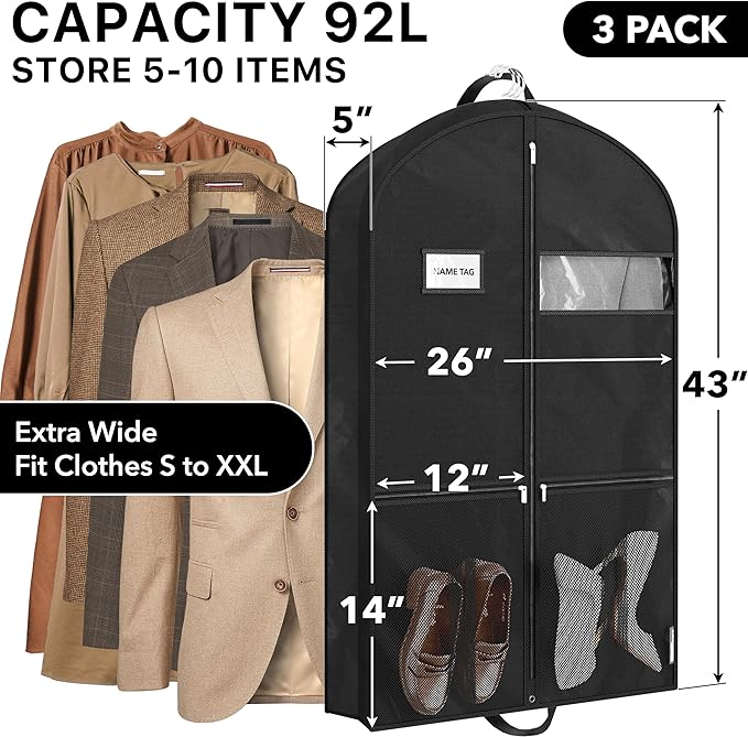 Simple Houseware 43-Inch Travel Garment Bag with Pockets, Non-Woven | Lightweight, Black, 3 Pack
