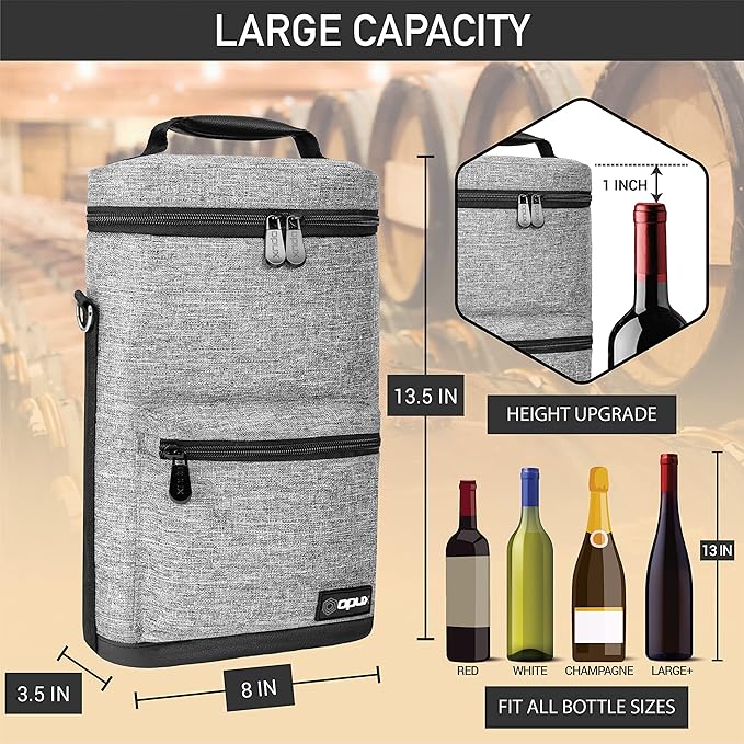 opux Wine Bag 2 Bottle Wine Tote Carrier, Insulated Wine Cooler Bag for Travel Picnic, Leakproof Portable Padded Case, Wine Gifts For Women Men Wine Lovers Christmas, Heather Gray