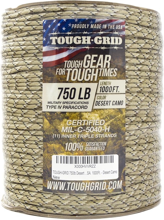 TOUGH-GRID 750 Paracord Rope Nylon Parachute Cord, Made in USA Survival Kit, Outdoor Adventures, Camping, Tactical Gear & Emergency Supplies, Military Type IV Mil-Spec