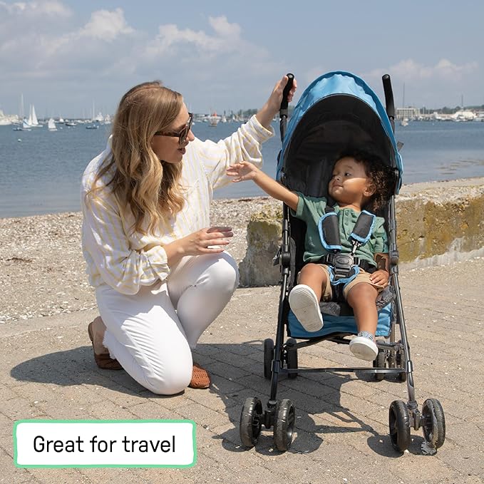 Ingenuity 3D Mini Convenience Stroller – Lightweight Stroller with Compact Fold, Multi-Position Recline, Canopy with Pop Out Sun Visor – Umbrella Stroller for Travel & More, Blue/Black