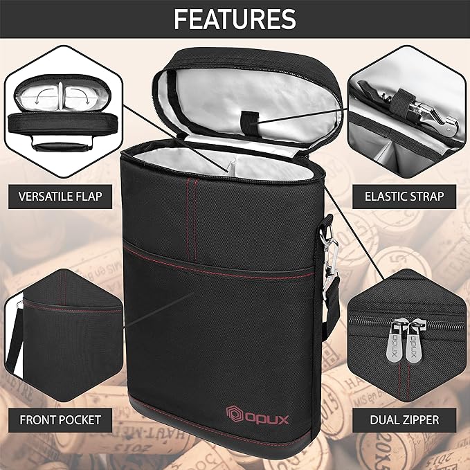 opux 2 Bottle Wine Carrier Tote, Insulated Leakproof Wine Cooler Bag, Wine Travel Bag Tote for Picnic BYOB Beach, Portable Wine Bottle Carrying Case, Gift for Wine Lover Women Men Christmas, Black