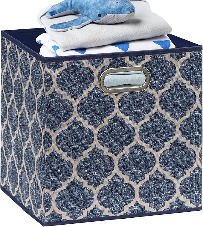 SIMPLE HOUSEWARE 11-Inch Collapsible Fabric Cube Storage Bin with Handles, Printed Design, 6 Pack, Steel Blue