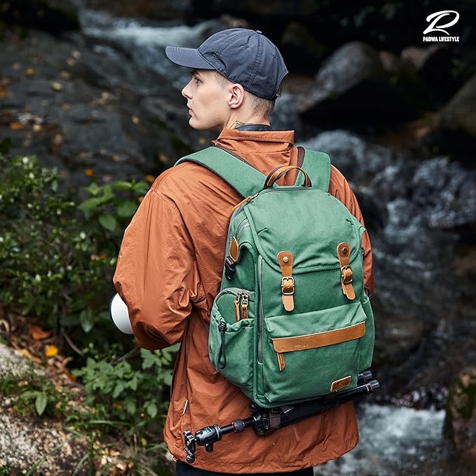 Padwa Lifestyle Green Camera Backpack - Professional DSLR & UAV Camera Bag,Anti Theft Canvas Camera Backpacks with Rain Cover,Large Capacity Photography Travel Camera Bag with Multi Compartments