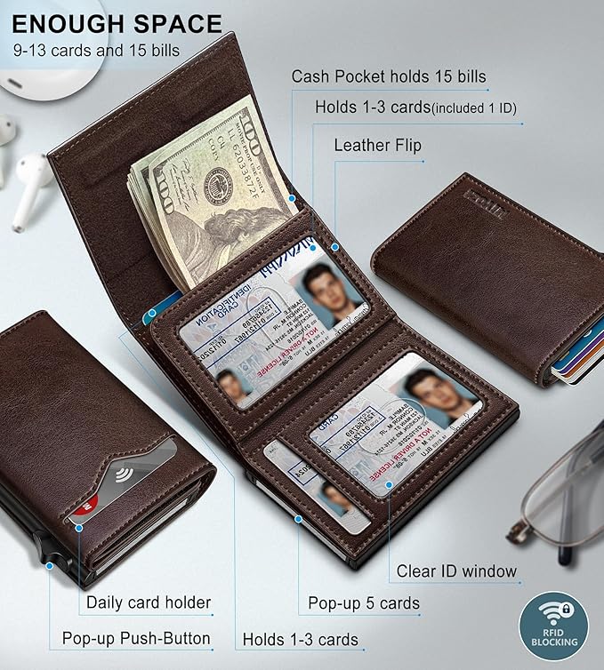 Wallet for Men,with Cash Pocket 2 ID Window 9-13 Cards,Metal Case Smart Slim Pop Up Credit Card Holder Flip with Magnetic Closure RFID Blocking Trifold wallet with Gift Box