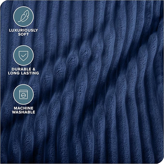 Bare Home Textured Fleece Blanket - King Size - Ultra-Soft Lightweight for Bed, Sofa, and Couch - Luxury Microplush - Cozy Warm Blanket (King, Ribbed Dark Blue)