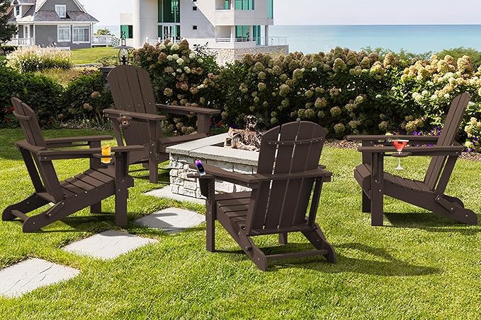 SERWALL Adirondack Chair with Cup Holders - Composite Adirondack Chairs Set of 6 HDPE Outdoor Chairs All Weather Use- Coffee