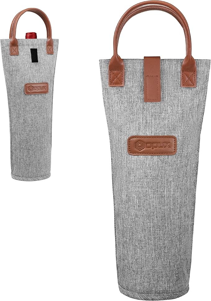 opux Wine Bag Single Bottle Carrier Tote, Insulated Travel Wine Cooler Bag for Picnic Beach Gift, Thermal Padded Portable One Bottle Holder Carrying Case for Women Men Wine Lovers, Heather Gray