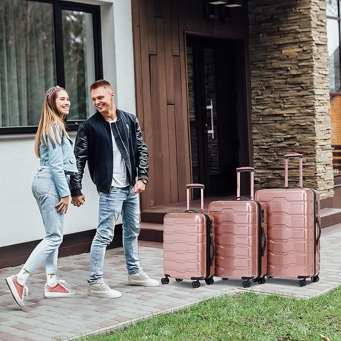 Luggage Set 3 Piece, PC+ABS Lightweight Suitcase Sets with Spinner Wheels, Hard shell Luggage Sets with TSA Lock RoseGold (20/24/28)