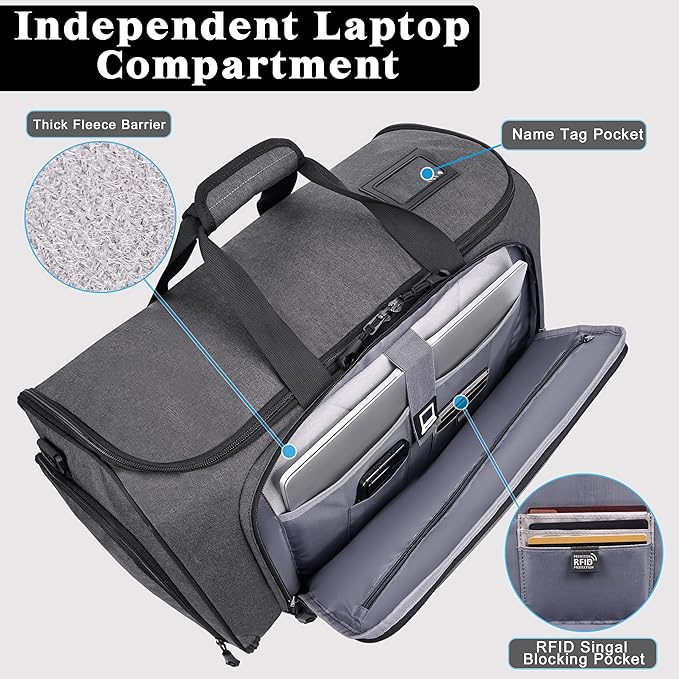 Travel Garment Duffle Bag with Laptop Compartment, RFID Blocking Convertible Suit Bag Name Tap Pocket Carry On 2 in 1 Hanging Suit Travel Duffel Work Pouch