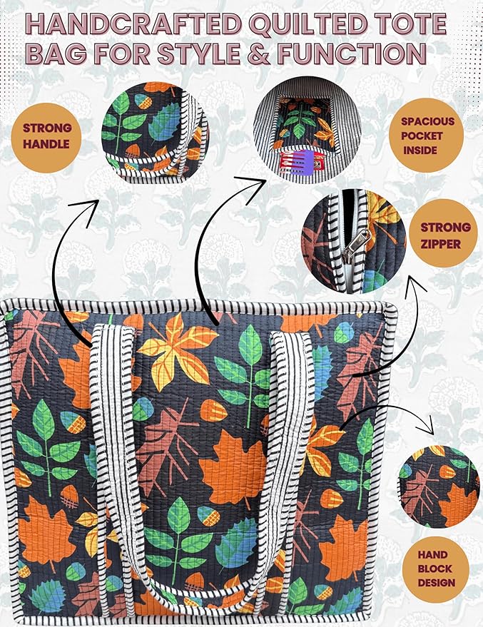 Cotton Quilted Tote Bag for Women – Large Beach & Travel Tote with Zipper, Reusable Grocery Bag