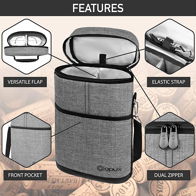 opux 2 Bottle Wine Carrier Tote, Insulated Leakproof Wine Cooler Bag, Wine Travel Bag for Picnic BYOB Beach, Portable Wine Bottle Carrying Case, Gift for Wine Lover Women Men Christmas, Heather Grey