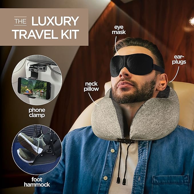 Airplane Neck Pillow Includes Travel Pillow + Airplane Phone Holder Mount + Eye Masks + Foot Hammock + Earplugs for Travel, 100% Pure Memory Foam Travel Pillow, 5 Pc Travel Kit, 2 Pack