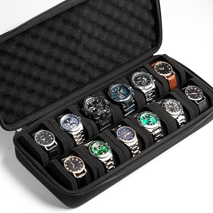 12 slots Watch Case, hard watch travel case, storage box, padded case for watch display and organization