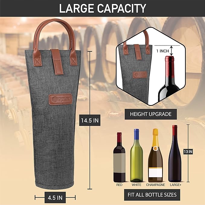 opux Wine Bag Single Bottle Carrier Tote, Insulated Travel Wine Cooler Bag for Picnic Beach Gift, Thermal Padded Portable One Bottle Holder Carrying Case for Women Men Wine Lovers, Charcoal Gray