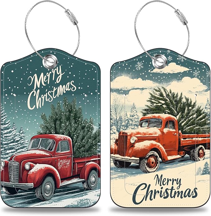 Red Truck Carrying Christmas Tree Set of 2 Luggage Tags for Suitcases Leather Suitcase Tags Identifiers with Privacy Name Label and Stainless Steel Loop for Women Men Travel Luggage Accessories