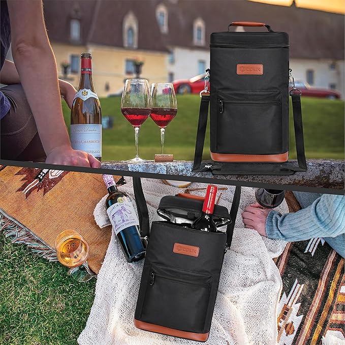 opux Wine Bag 2 Bottle Wine Tote Carrier, Insulated Wine Cooler Bag for Travel Picnic, Leakproof Portable Bottle Padded Case, Wine Gifts For Women Men Wine Lovers Christmas, Black