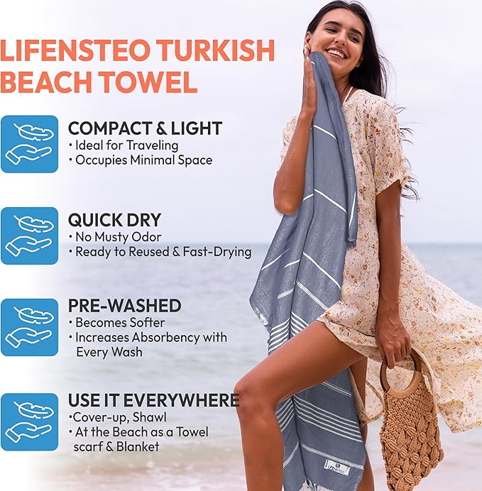 Turkish Beach Towel - 40x71 Inch Oversized Sand Resistant Prewashed Cotton Towel - Quick Drying, Compact, Lightweight for Beach, Bath, Pool, Gym, Yoga