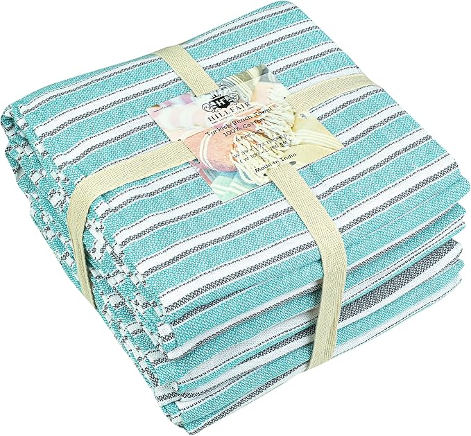 HILLFAIR Cotton Turkish Beach Towels, Quick Dry Lightweight Sand Free Peshtemal Towel for Bath Swim Yoga Pool Travel, Beach Accessories, Oversized Cotton Turkish Towel (39 x 72 inch- 4 Pack Aqua Grey)