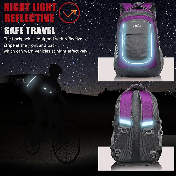 ProEtrade Backpack Bookbag for College Sturdy Travel Business Hiking Fit Laptop Up to 15.6 Inch Multi Compartment Gifts for Men Women Night Light Reflective (Purple A)